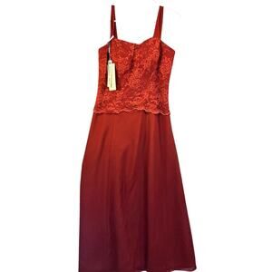NWT Red Satin Strapless Wedding Prom Dress‎ Lace and Sheer Overlay XS/S